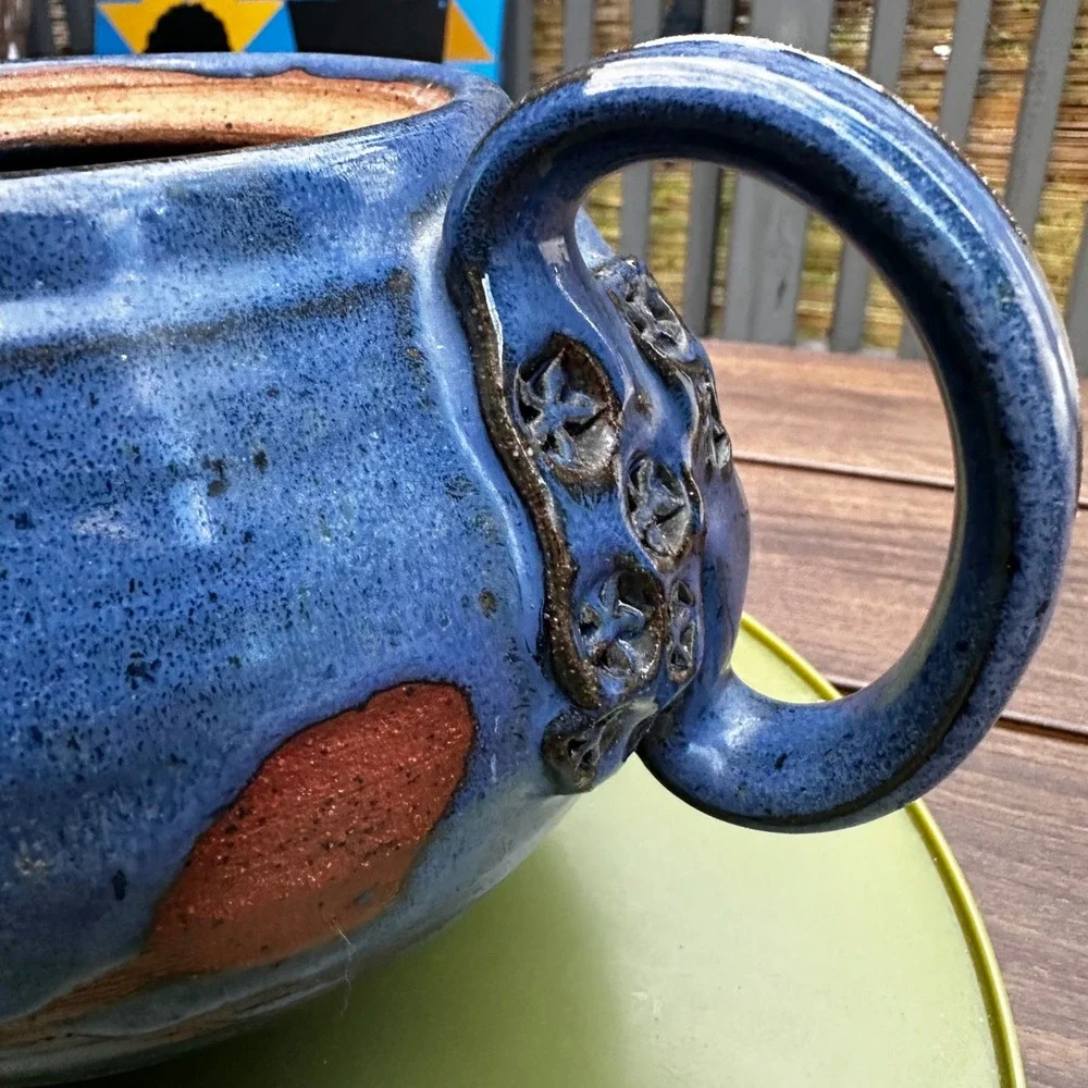 Handmade Ceramic Teapot Signed Studio Pottery‎ Mystery Signature Cobalt Blue